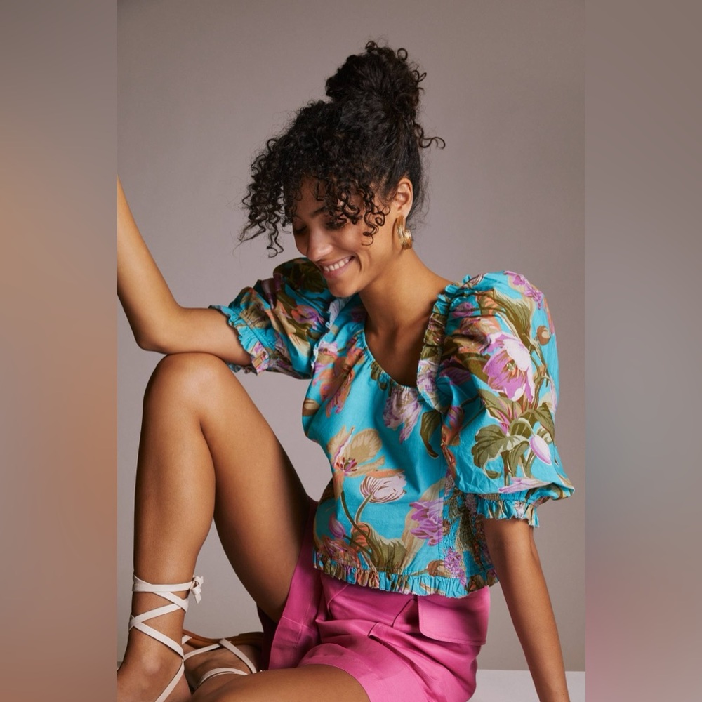 Anthropologie Love the Label Floral Puff Sleeve Top L